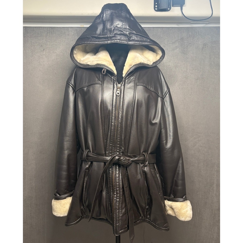 Vtg Wilsons Leather Hooded Parka Jacket Women XL Brown Fur Lined Belted Coat Y2K